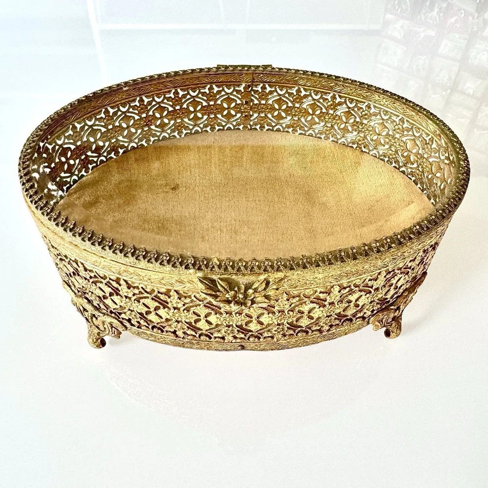 VTG Hollywood Regency Jewelry Box Ormolu Casket Gold Filigree Glass Oval Velvet